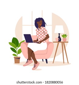 African woman sitting on the armchair with laptop. Working on a computer. Freelance, online education or social media concept. Working from home, remote job. Flat style. Vector illustration. Pink.