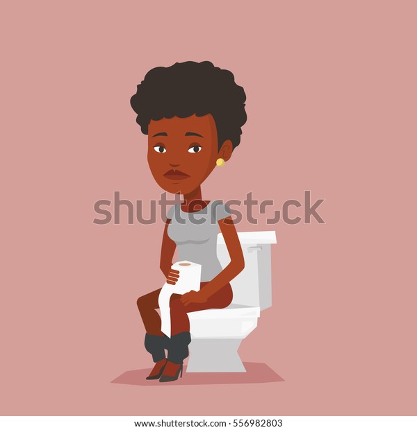 便器に座り 下痢に悩むアフリカ人女性 トイレットペーパーを持つ女性が転がり 下痢に苦しむ 下痢で病気の女の子 ベクターフラットデザインイラスト 正方形のレイアウト のベクター画像素材 ロイヤリティフリー