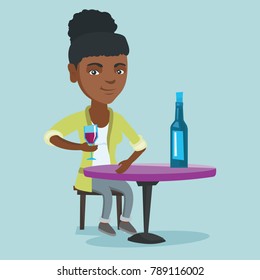 African woman sitting at the table with a glass and a bottle of wine. Young woman drinking wine in the restaurant. Woman enjoying a drink at the wine bar. Vector cartoon illustration. Square layout.