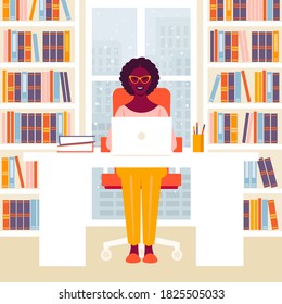 African woman sitting at a table. Working in the office with a window. Christmas and winter. Vector flat illustration