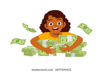 Mulher africana sorrindo e abraçando pilha de dinheiro com expressão feliz em estilo de desenhos animados