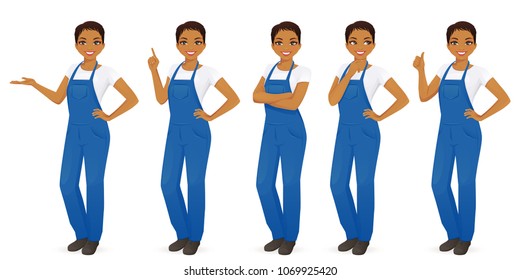 African woman smiling in overalls set vector illustaration isolated