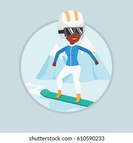 African woman snowboarding on the background of mountain. Snowboarder on piste in mountains. Woman snowboarding in the mountains. Vector flat design illustration in the circle isolated on background