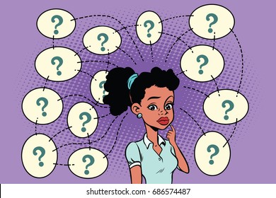 African woman solves the problem, questions and reflections