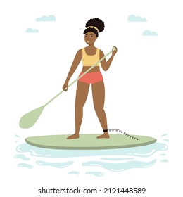 African woman stand up on paddle board. Young girl surfing. Flat cartoon female character. Fitness on water. Summer outdoor activity. Beach vacation. Vector illustration.