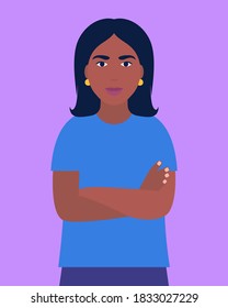 African woman standing with arms crossed. Vector illustration in a flat style
