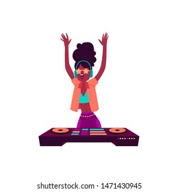 African Woman Standing At DJ Console With Arms Raised Up Cartoon Style, Vector Illustration Isolated On White Background. Happy Girl In Sunglasses And Headphones Playing Music On Mixing Deck