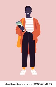 An African woman is standing at full height with books.
Preparing for exams. Successful studies at school, college and university. Vector flat illustration