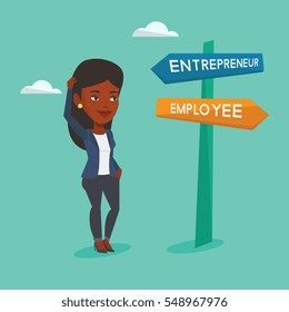 An african woman standing at road sign with two career ways - entrepreneur and employee. Woman choosing career way. Woman making a decision of career. Vector flat design illustration. Square layout