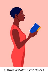 An African woman stands in profile and holds a book in his hands. Girl reading a book. Student in the university library. Vector flat illustration