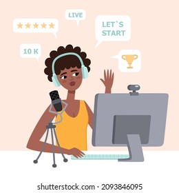 African woman streamer playing online video game on computer and recording video using camera and microphone with text bubble. Flat vector illustration