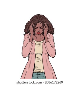 african woman is suffering headache, medical symptom migraine cancer hypertension meningitis stroke or other diseases