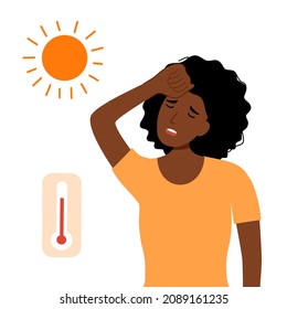 African woman suffering from heat and sweaty dehydration with thermometer and strong sunlight in flat design. Hot climate in summer.