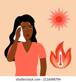 Mujer africana que sufre de calor y deshidratación sudorosa con termómetro y fuerte luz solar en diseño plano. Clima caliente en verano.