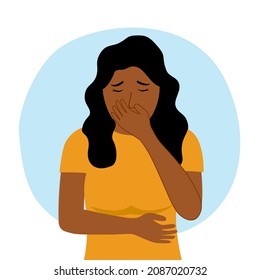 African woman suffering from vomit and closing mouth in flat design. Nausea vomiting symptom.