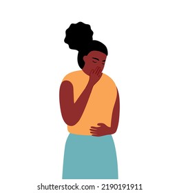 African Woman Suffering From Vomit And Closing Mouth In Flat Design. Nausea Vomiting Symptom.