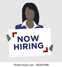 African Woman in suit holding Now Hiring Sign