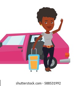 African woman with suitcase standing on the background of open car door. Woman waving in front of car. Woman going to vacation by car. Vector flat design illustration isolated on white background.