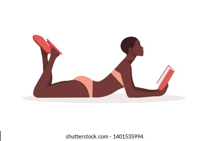 An African woman in a swimsuit is lying and reading a book. Education and recreation. Female student on vacation. Vector flat illustration