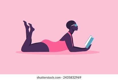 An African woman in a swimsuit is lying and reading a book. Female student on summer vacation. Vector flat illustration