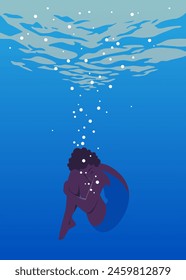 Mujer africana en traje de baño bajo el agua en la piscina. Nadar en la piscina. Spa y resort. El mar y el océano. Ilustración plana de Vector