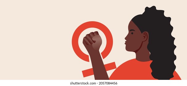 African woman, symbol of feminism. Copy space template. Flat vector stock illustration. African woman with black skin. March 8 symbol. Backdrop for overlay. Illustration with space for text