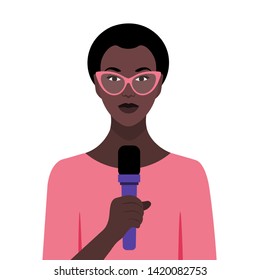 African woman talking in microphone in front of conference. Human rights and social activities. Business and education. Vector flat illustration.