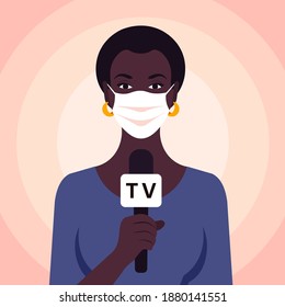 African Woman Talking In Microphone. Newswoman In The Medical Face Mask. TV Reportage. Vector Flat Illustration.