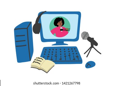 African woman talking from the screen. Podcasting, online education, music concepts. Sound digital recording, editing, broadcasting vector illustration.