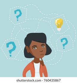 African Woman Thinking About New Idea For Business. Young Business Woman Standing With Question Marks And Light Bulb Above Her Head. Business Idea Concept. Vector Cartoon Illustration. Square Layout.