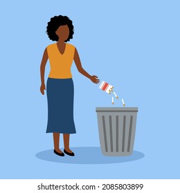 African woman throw cigarettes into trash can in flat design. Black female quit smoking concept vector illustration.