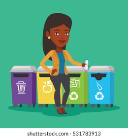 An african woman throwing away garbage. Woman standing near four bins and throwing away garbage in an appropriate bin. Concept of garbage separation. Vector flat design illustration. Square layout.