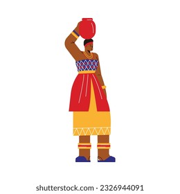 African woman in traditional clothes carrying jug on head, flat vector illustration isolated on white background. Culture and traditions of Africa