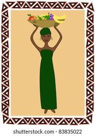 an African woman in traditional clothes with a dish of fruit on her head