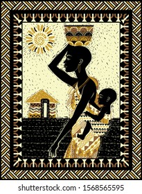 African woman in traditional dress with a baby on her back and a vessel on her head. Handmade drawing vector illustration. Tribal style poster.