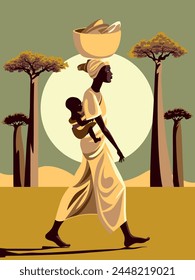 African woman in traditional dress with a baby on her back and a vessel on her head.	Handmade drawing vector illustration. Retro style poster.