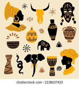 African woman and traditional ethnic vector elements collection