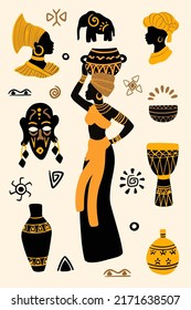 African woman and traditional ethnic vector elements collection