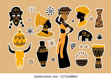 African woman and traditional ethnic vector sticker collection