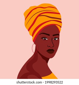 African woman a traditional headdress. Avatar of a girl with a scarf on her head for a social network. Portrait. Vector flat illustration