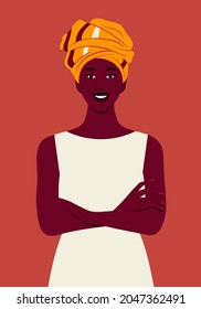 Una mujer africana en un discurso tradicional. El retrato de una exitosa mujer de negocios con las armas cruzadas. El estudiante está sonriendo. Profesiones de oficina. Ilustración plana del vector