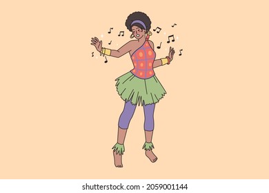 African woman in traditional national costume dance make ritual moves. Tribe ethnic aborigine girl dancer relax enjoy music play. Afro nationality, diversity. Vector illustration, cartoon character.