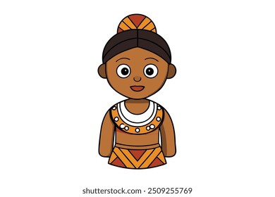 An African woman in a tribal village, adorned with traditional beads and vibrant fabrics, stands proudly. Surrounded by mud huts and tall grasses, she embodies the strength and culture.