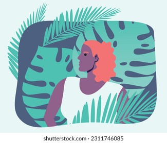 African woman with tropical leaves as a concept of health and female beauty. flat vector stock illustration