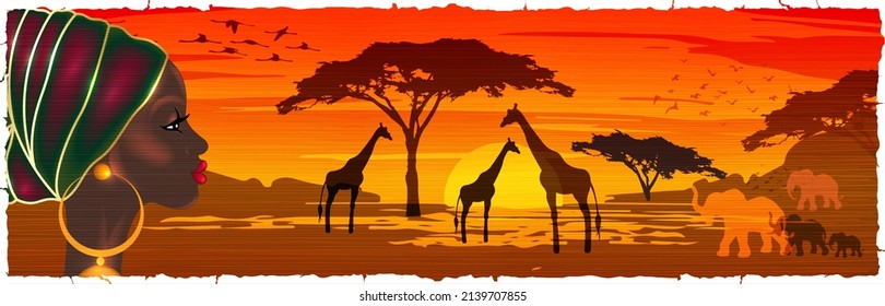 African woman in turban looking at the savannah landscape at sunset, Silhouettes of animals and plants, nature of Africa. Reserves and national parks, vector batik background