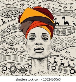 African woman with African in turban, tribal background. Beautiful black woman. Vector illustration