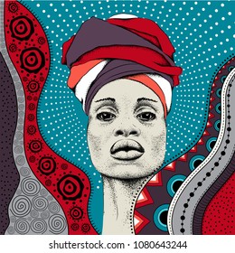 African woman with African in turban, tribal background. Beautiful black woman. Vector illustration