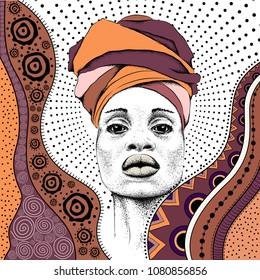 African woman with African in turban, tribal background. Beautiful black woman. Vector illustration