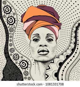 African woman with African in turban, tribal background. Beautiful black woman. Vector illustration