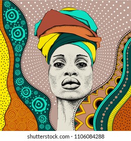 African woman with African in turban, tribal background. Beautiful black woman. Vector illustration